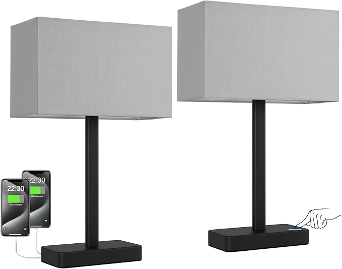 Touch Lamps for Bedroom, 3 Way Dimmable Grey Bedside Table Lamps Set of 2 | USB - Image 8