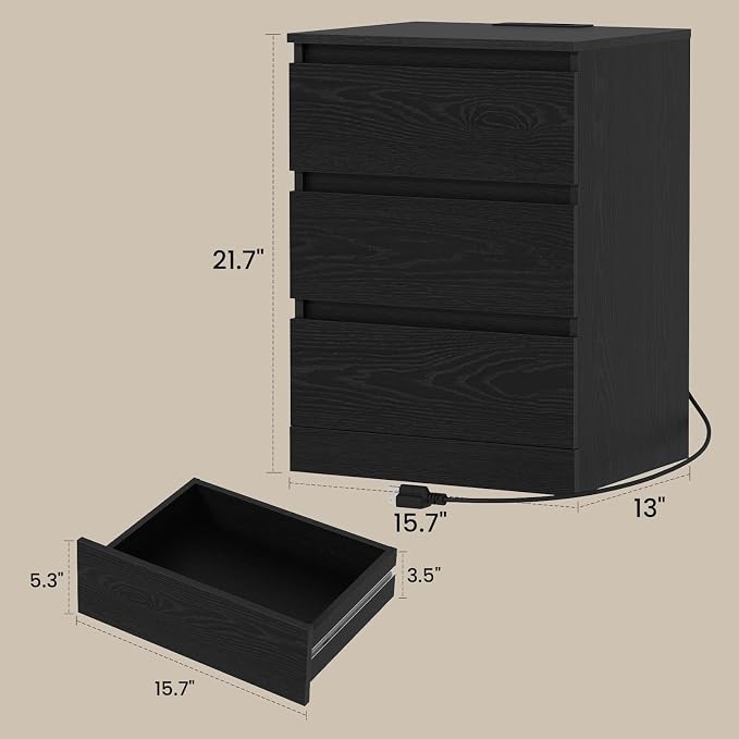 Nightstand with Charging Station, Bedside Tables with 3 Drawers, Side Table - Image 3