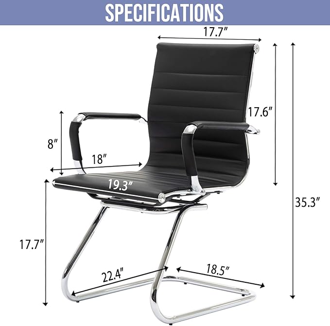 Wahson Office Guest Chairs Set of 6, Leather Reception Chairs, Mid Back Waiting Room Chair, Conference Chairs with Sled Base, Desk Chair No Wheels for Meeting/Lobby/Restroom, Black