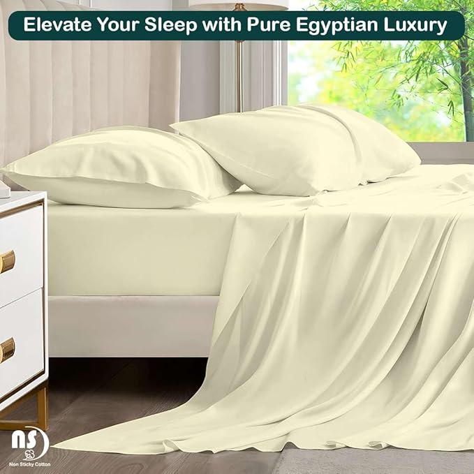 NON Sticky cotton Queen Size Sleeper Sofa Sheets, 4 Piece Egyptian Cotton Bed Sheet Set for Sofa Bed, 6" Deep Pocket Fitted Sheet for Pull Out Couch Mattress, 60" x 75", Ivory Solid, Soft & Breathable