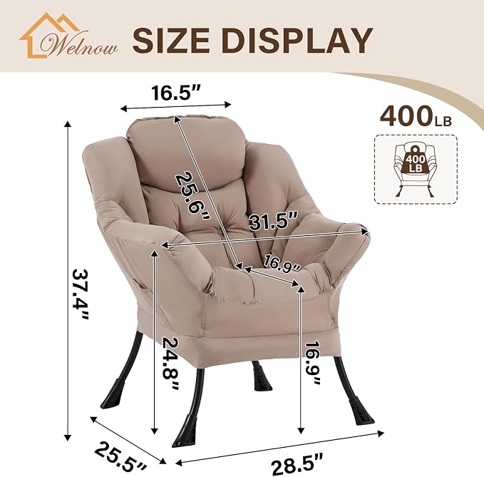 Welnow Khaki Single Lazy Chair for Adults，Modern Reading Accent Chair | A Side - Image 3