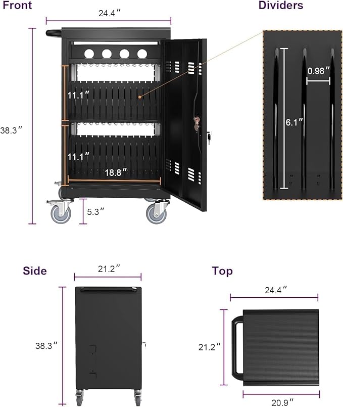 TIOPLY Laptop Charging Cart, 32 Device Tablet Storage Carts for iPad Up to 16.3" Screen Size, Mobile Charging Station for Classroom, with Cord Organizer, Front and Back Access Locking Cabinet Black