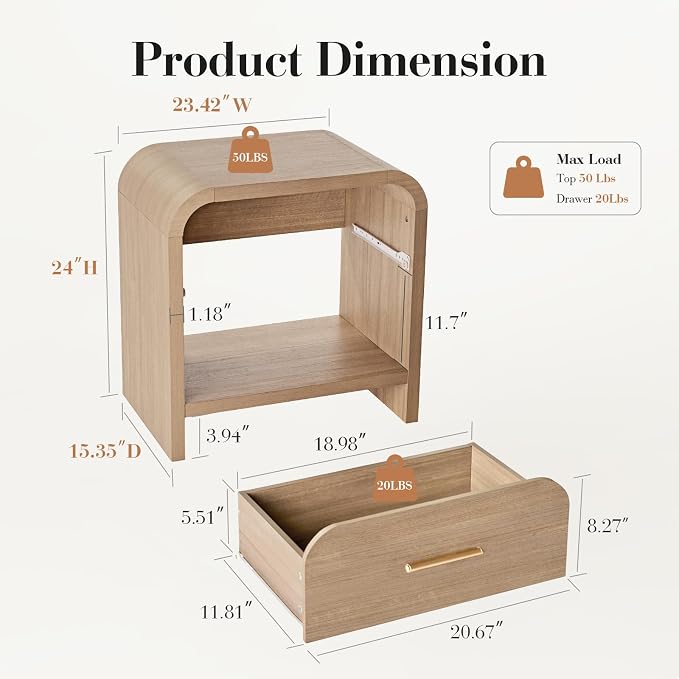 Night Stand Set of 2 1-Drawer and 1 Storage Shelf Nightstand 24" H Metal Handle - Image 5