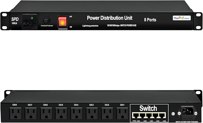 1U PDU Rack Mount Power Surge Protection, 8 NEMA 5-15R Outlets & 5-Port Gigabit Ethernet Switch, 100-250V 15A 3600 Joules, w/10KA SPD Lightning & 6ft Cord, ETL Listed