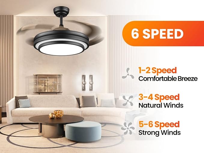 42 Inch Black Modern Ceiling Fan with Lights and APP Control,Retractable Fandelier Celing Fan with Light, 6 Speed,Light Dimmable Memory,Silent Reversible Motor for Bedroom Kitchen Living Room