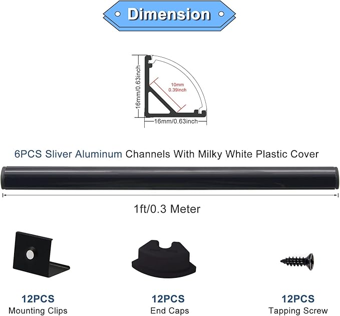 VST LED Channel, V Shape Led Diffuser Channel, LED Aluminum Channel with Black Cover, End Caps and Mounting Clips for LED Strip Light in Home Lighting(6pack 1 ft)