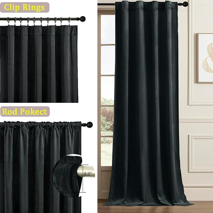 Timeper Black Velvet Curtains 84 inches 2 Panels, Back Tab & Rod Pocket - Image 2