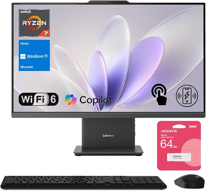 Lenovo IdeaCentre Business All-in-One PC, 27" FHD 100Hz Display, AMD Ryzen 7 8845HS, 32GB DDR5 RAM, 1TB SSD, Wi-Fi 6, Win11 Home, Wireless KB & M, Copilot-Ready, Bundle with Adata UC310 64GB