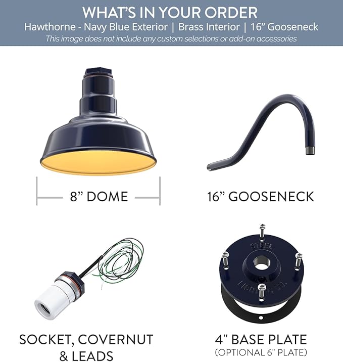 Steel Lighting Co. Hawthorne Barn Light | Outdoor Wall Mounted | 8 inch Dome | 16" Gooseneck | Small Farmhouse Light Made in America | Navy Blue Exterior/Brass Interior