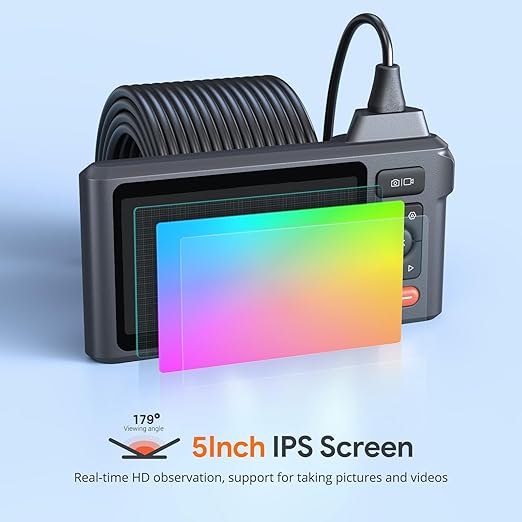 Triple Lens Endoscope Camera with Light with 50FT Semi-Rigid Cable, DEPSTECH 5" IPS Screen Sewer Inspection Camera, 1080P Industrial Borescope, Split Screen, Waterproof Drain Pipe Tool, Carrying Case