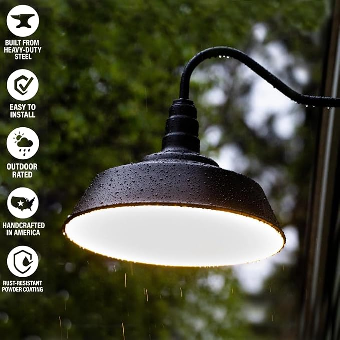 Steel Lighting Co. Large Outdoor Barn Light | Gooseneck Light Fixture | Made in America from 18-Gauge Steel | 20" Dome | 23" Gooseneck Black Exterior/White Interior