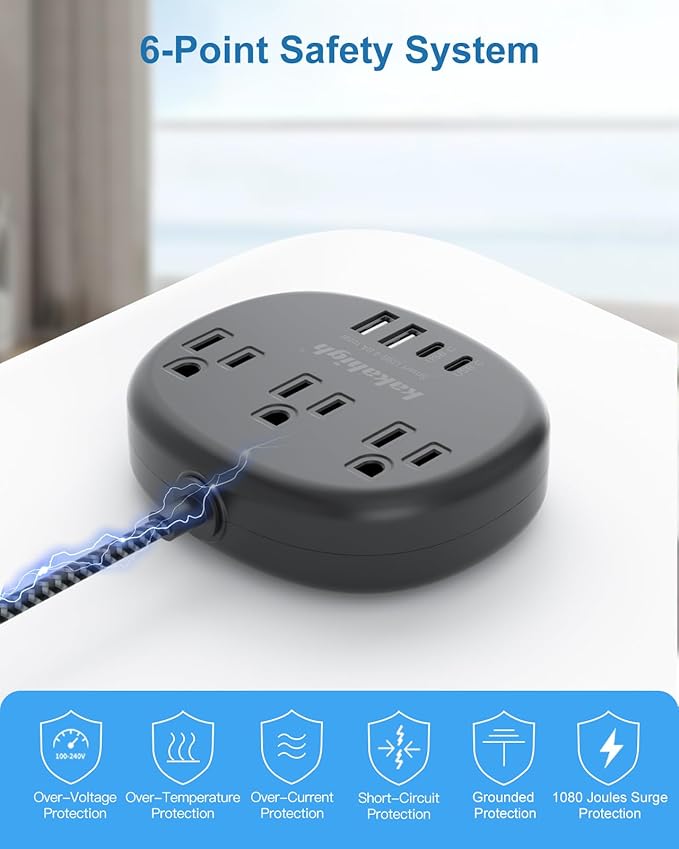 Short Extension Cord Black - Extension Cord 5 Feet, 1625W Power Strip 3 Prong with 3 AC Outlet 4 USB (24W/4.8A), Bedside Charging Station for Home, Office and Dorm
