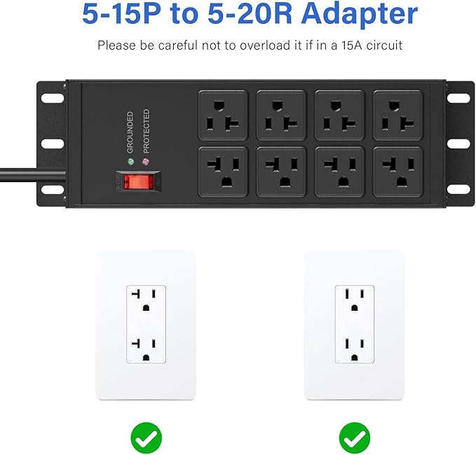 CCCEI 2PCS Heavy Duty Power Strip Surge Protector 20 AMP, 8 Outlets 12 Gauge Shop Garage Metal Multiple Outlets, 15 FT Extension Cord 5-15P Adapter High Amp 6-20R T-Slot 20a for Appliance Black.