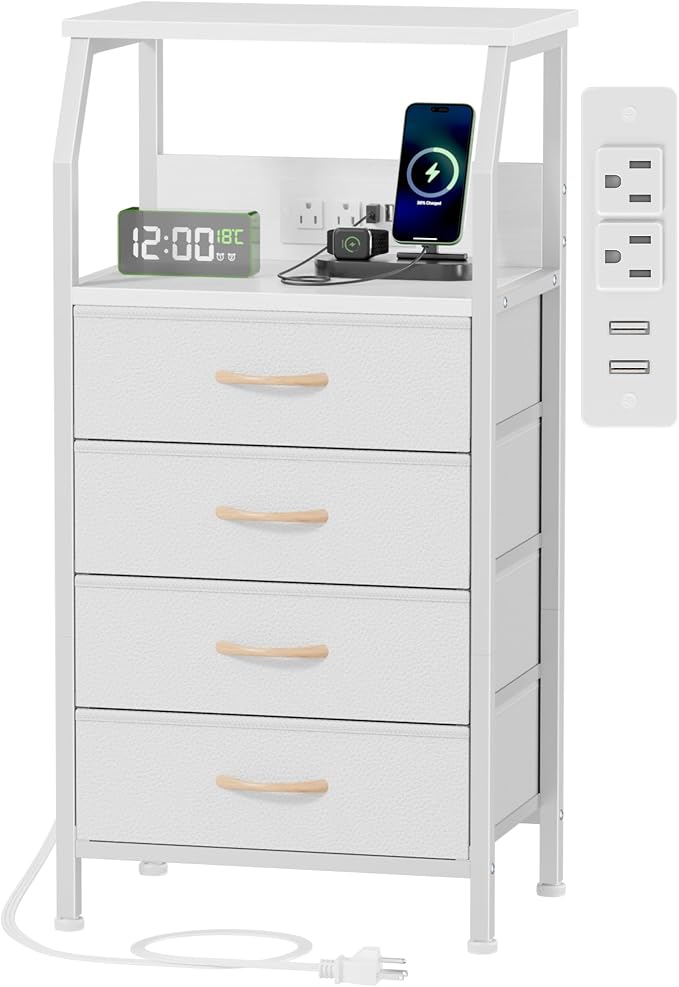 White Nightstand with Charging Station, 4 Drawers Bedside Table | 33.3 Inch by Furnulem
