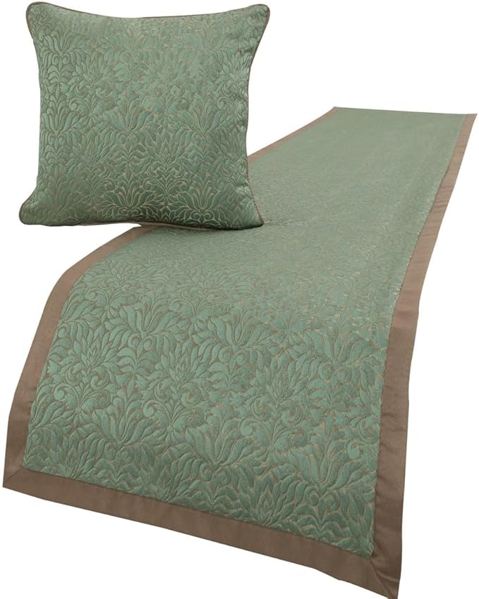 The HomeCentric King/Queen/Twin Blue & Beige Designer Full 68"x18" Bed Runner with Pillow Cover, Damask Bed Scarf on Jacquard Fabric - Arabella