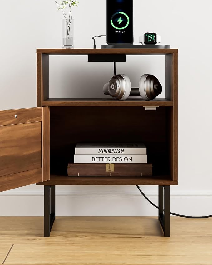 Masupu Rattan Nightstand with Charging Station, Modern Boho Farmhouse Wood - Image 6