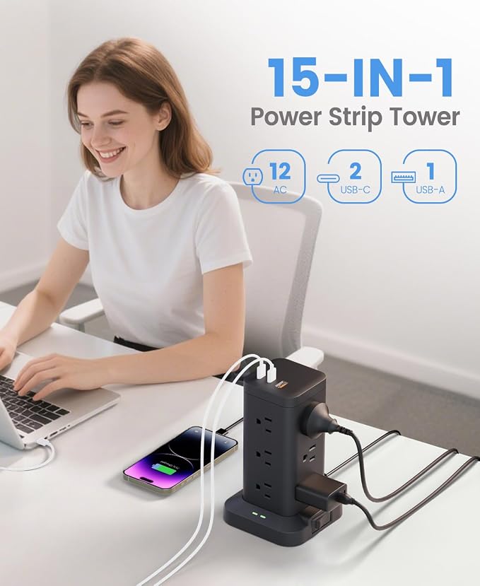 Power Strip Tower with Surge Protector 1800J, Fast Charging Tower PD20W USB-C - Image 2