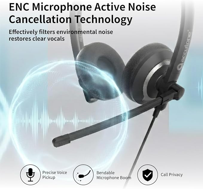 Accutone Conversation 95 Wired Office USB Headset with Environmental Noise Cancelling Microphone & wideband Audio Output, Black