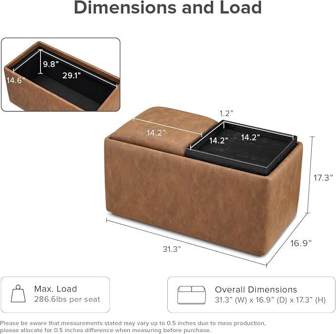 mopio Levi Storage Bench with Reversible Tray, Modern Storage Coffee Table - Image 2