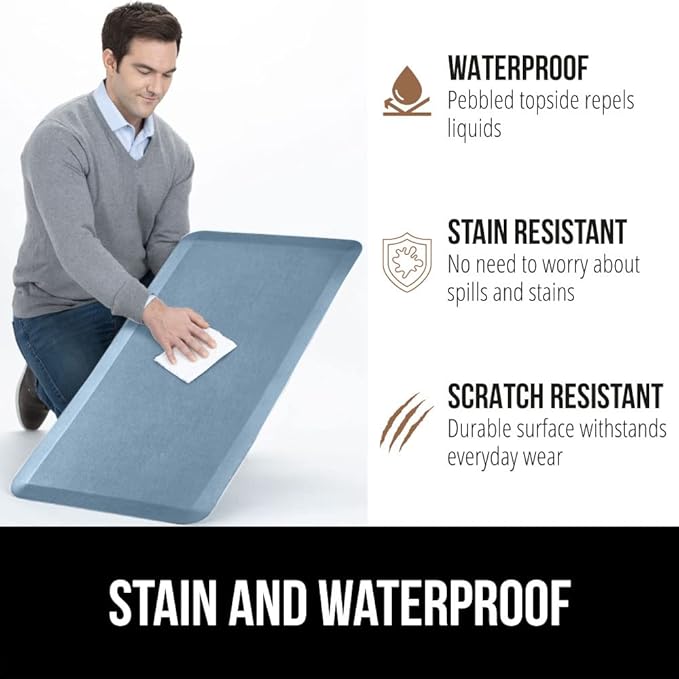 GORILLA GRIP Comfortable Cushioned Kitchen Mats for Floor, 39x20, Waterproof and Stain Resistant Soft Top, 3/4 Inch Thick Ergonomic Standing Desk Anti Fatigue Mat, Foam Supports Ankles, Feet, Sky Blue