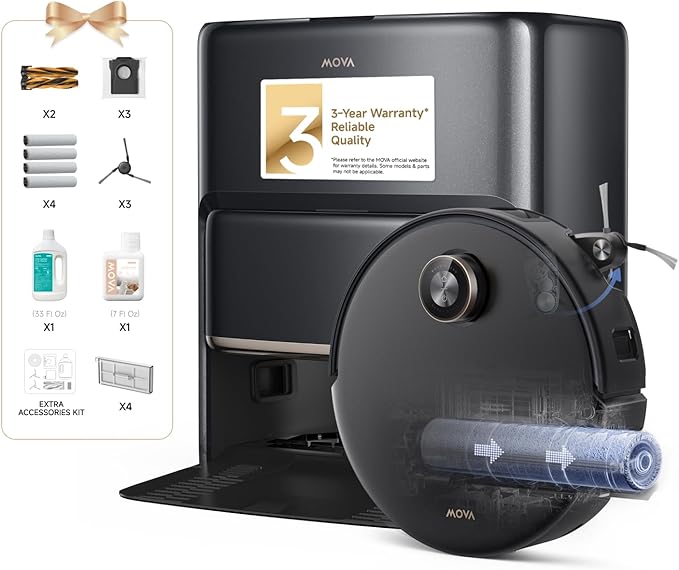 Mova Z60 Ultra Roller Complete Robot Vacuum and Mop, 28,000Pa Suction, 3.14in Obstacle Crossing, AutoShield for Carpet Protection, Zero Tangling Duobrush, Extendable Roller & Side Brush