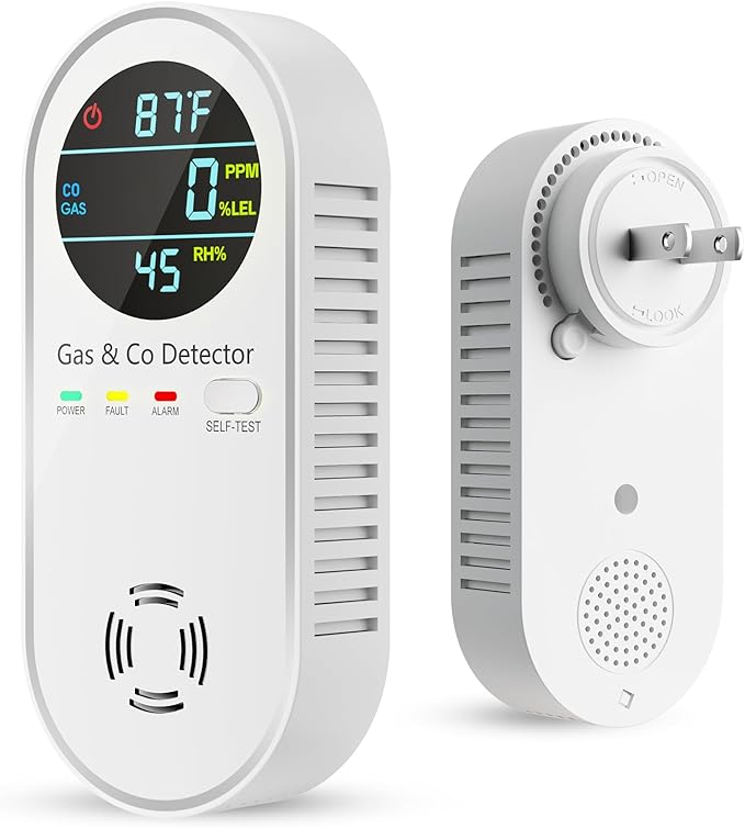 Vilfet Carbon Monoxide Detectors & Natural Gas Detector, 4-in-1 Carbon Monoxide Detectors Plug in, Gas Leak Detector with Dual Alarms, Temperature & Humidity Sensor for Home, RV, White, 1 Pack