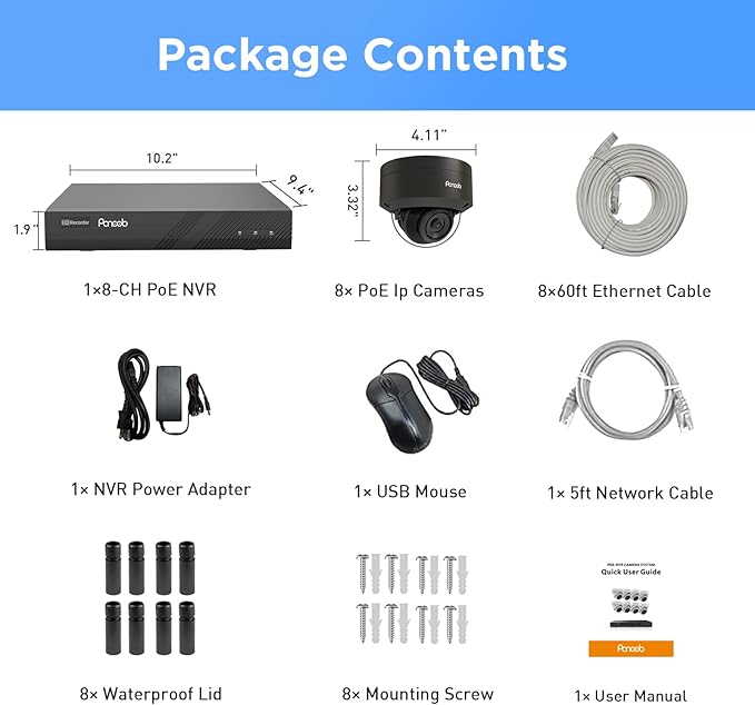 PANOOB 8 Channel Security Camera System, 8X 4K IK-10 Vandal-Proof PoE Dome Cameras, AI Human Vehicle Detection, IP66 100ft IR Night Vision Built-in Microphone, 4K 8CH PoE NVR 2TB HDD, PD54B0808-8M