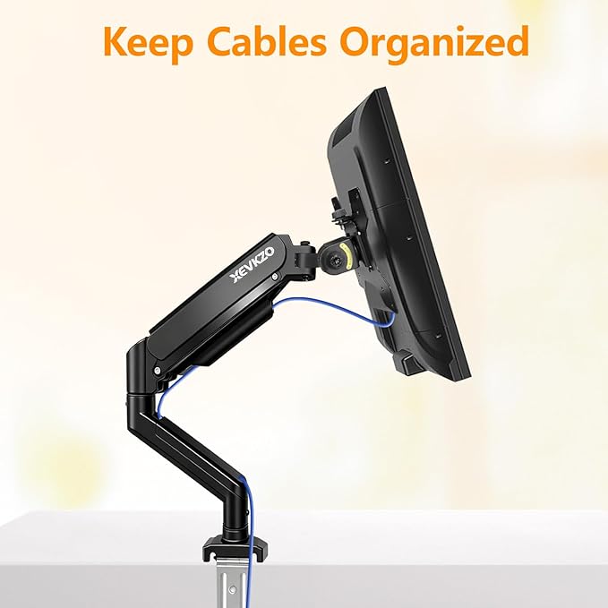 XEVKZO Single Monitor Arm - Gas Spring Monitor Stand for 13 to 34 Inch Screens, Adjustable VESA Mount with C-Clamp & Grommet Base, Full Motion (Tilt, Swivel, Rotation), Supports 4.4-22 lbs