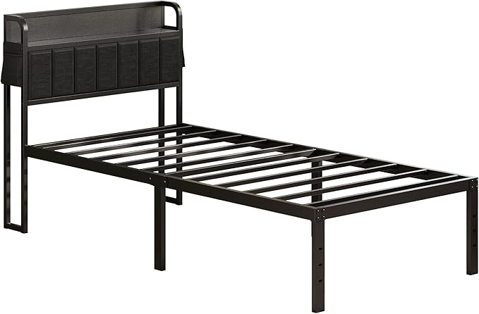16 Inch Twin Bed Frames with Upholstered Storage Headboard, Sturdy Single Bed Frame, No Box Spring Needed Twin Platform, Black
