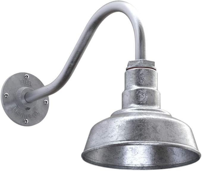 Steel Lighting Co. Hawthorne Barn Light | Outdoor Wall Mounted | 8 inch Dome | 16 inch Gooseneck| Small Farmhouse Light Made in America | Galvanized Exterior/Galvanized Interior