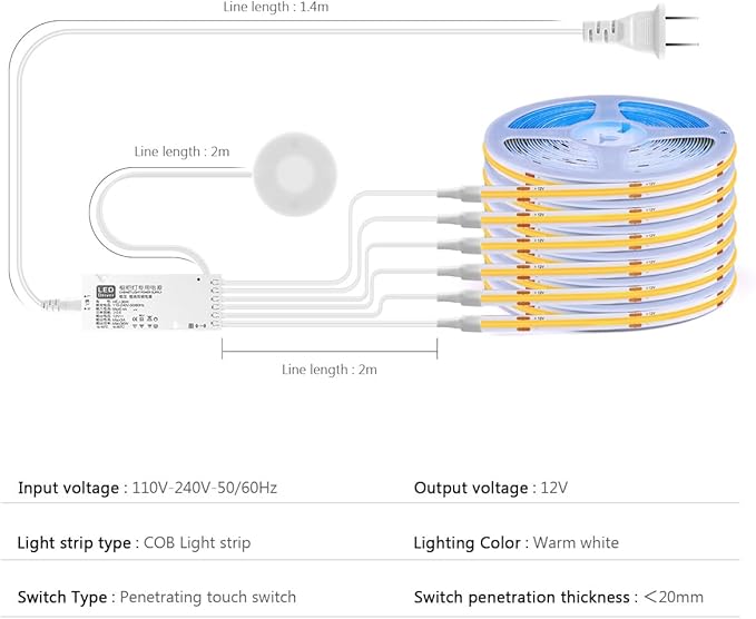 CHNMALITAI COB LED Strip Lights 12V Penetrable Wood Touch Dimmable LED Under Cabinet Light Kit with 60W Adapter 2M/6.56FT Flexible COB LED Strip for DIY Kitchen,Cabinet,Counter,Shelf,Showcase Decor