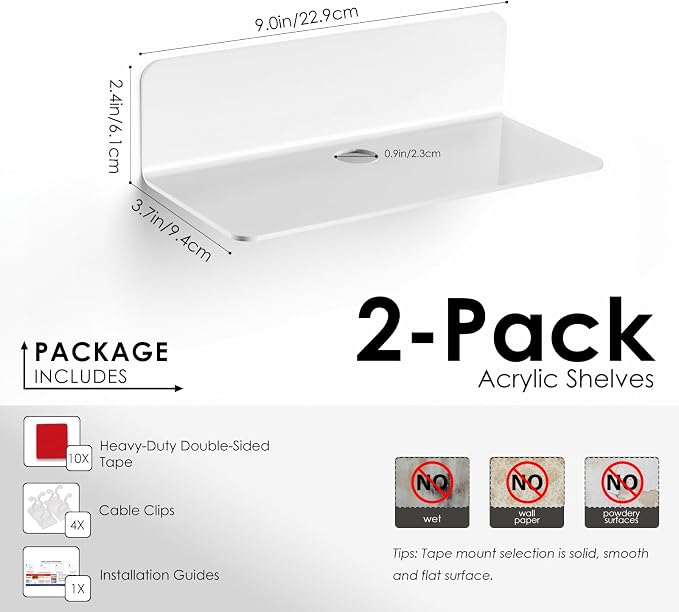 OAPRIRE Acrylic Floating Wall Shelves White, No Drill, 9 Inch 2 Pack | Strong - Image 7