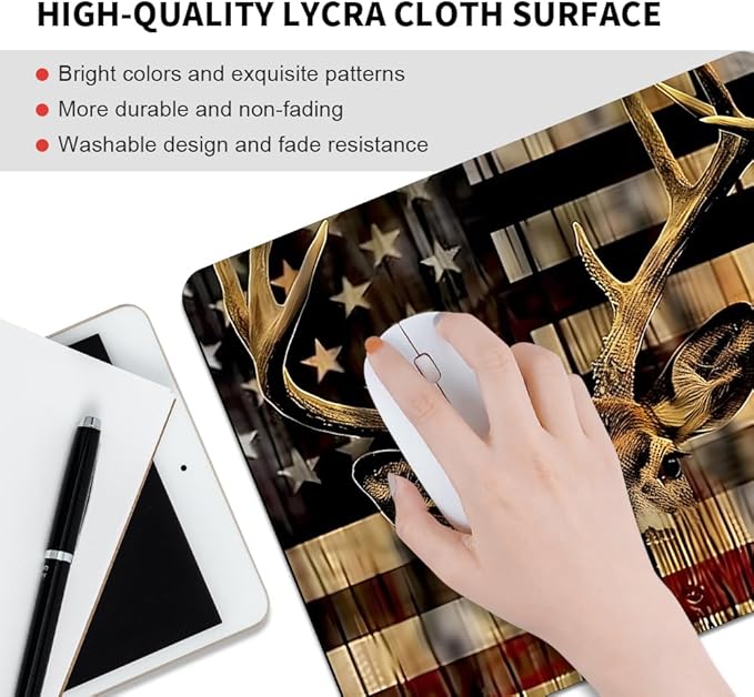 Wood Grain American Flag Hunting Deer Square Mouse pad, Texture, Waterproof, Anti Slip Rubber Base, Computer Mouse pad, Laptop Mouse pad