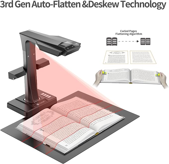 CZUR ET24 Pro Professional Book Scanner, 24MP Document Camera, 3rd Gen Auto-Flatten & Deskew Tech, A3 Document Scanner, 180+ Languages OCR, Support HDMI, for Windows/MacOS/Linux