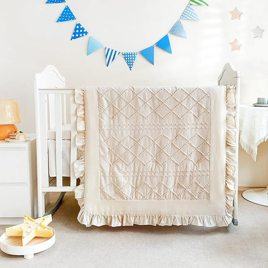 Wowelife Crib Bedding Set for Girls, 3PCs Boho Crib Comforter Set Beige, Ruffle Baby Crib Bedding Set Nursery Bedding Sets for Girls and Boys, Include Quilted Comforter, Crib Skirt and Sheet, Beige