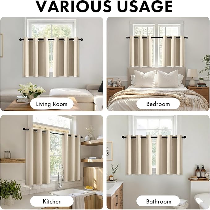 Short Cream Beige Blackout Kitchen Curtain W40 x L45 Inch 2 Panels | Thermal - Image 5