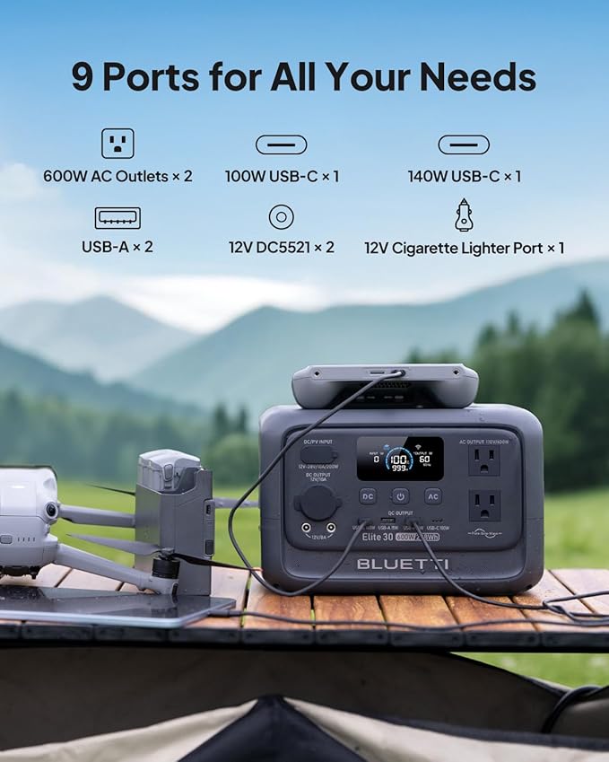 BLUETTI Elite 30 V2 Portable Power Station, 288Wh Solar Generator, 600W AC Outlets (Power Lifting 1500W), 0-100% in 70 Min, LFP Battery Backup for Camping, Trip, Outage (Include Solar Charging Cable)