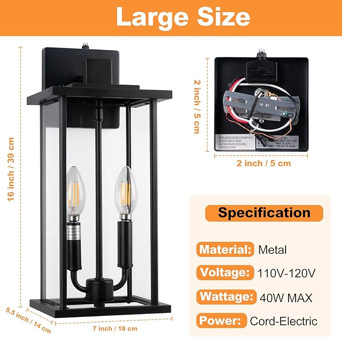 SIAFAVOI 16" Large Dusk to Dawn Outdoo Wall Light Fixtures, Black 2-Pack Exterior Front Porch Light, 2-Light Outdoor Wall Sconce for Outside Patio, Waterproof Exterior Wall Lamp Lighting
