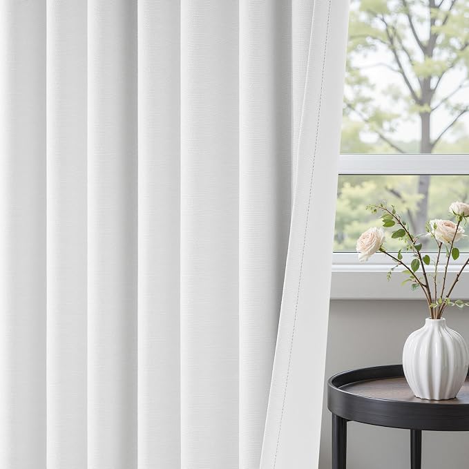 90 inch long 100% Blackout linen curtains 2 Panels set Beige White Window Drapes - Image 4
