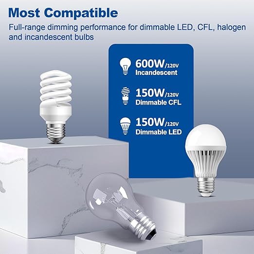 BESTTEN 5 Pack Dimmer Light Switch, Single Pole or 3-Way, Compatible with Dimmable LED, CFL, Incandescent and Halogen Bulb, LED Slide Dimmer Switch, Neutral Wire Not Required, 120VAC, UL Listed, White