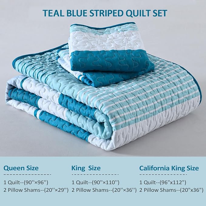 Dinjoy King Boho Striped Quilt Set, Teal Lightweight Bedspread Bedding | Soft - Image 6