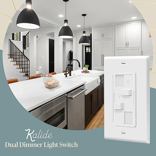 TOPGREENER Kalide Dual Load Dimmer Light Switch, Double LED Dimmer Switch, Full Range Dimming, Single Pole, 120VAC, 60Hz, 200W LED/CFL, Neutral Wire Not Required, TGDDS-W, White