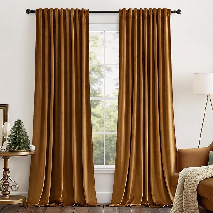 MIULEE Fall Golden Brown Velvet Blackout Curtains Pinch Pleat 52" Wx84 L | 2 - Image 2