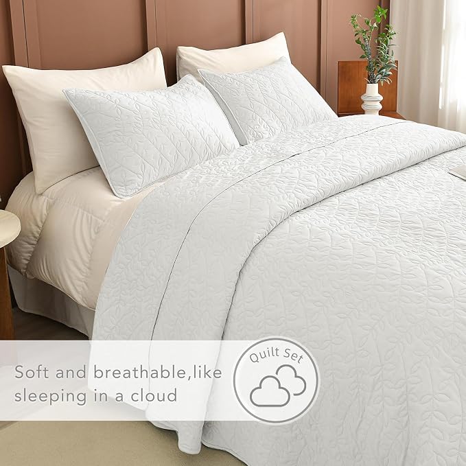 Lady Ann White Oversized King Quilt 128x120, Leaves Pattern Printed Oversized - Image 3