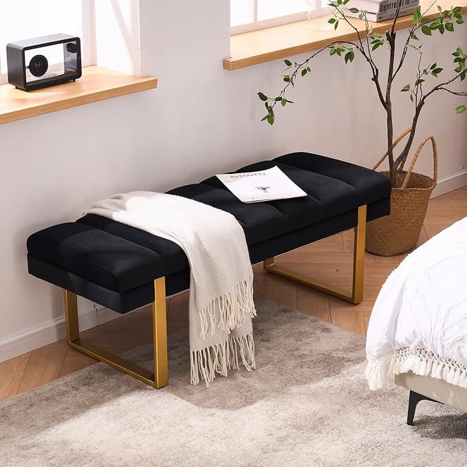 46" Velvet Black Bench with Gold Legs - Image 4