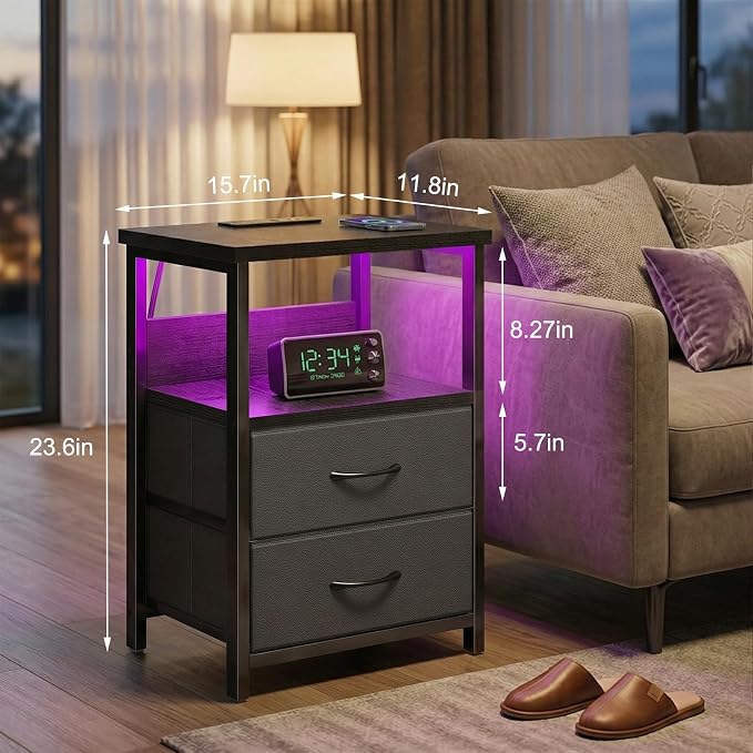 Fixwal Black Nightstands Set of 2, Led Night Stand - Image 3