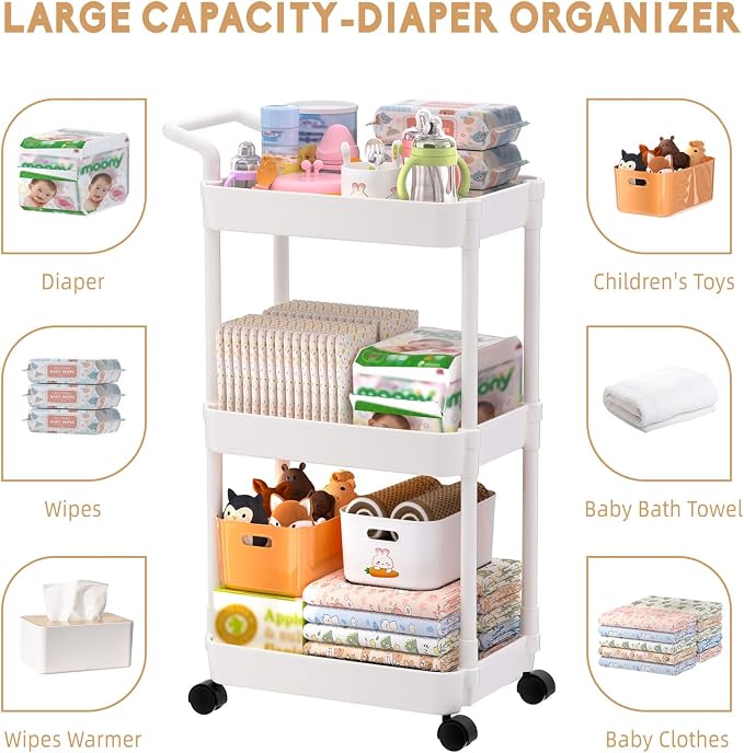 Volnamal Diaper Caddy, 3 Tier Rolling Cart - Image 6