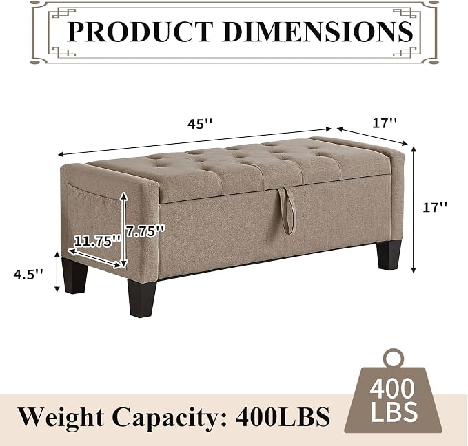 Modern Storage Ottoman Bench, Linen Upholstered End of Bed Bench - Image 2