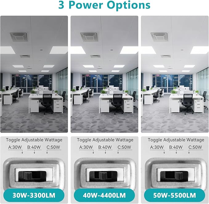 VocgoUU 2x2 LED Flat Panel Light for Drop Ceiling, 0-10V Dimmable, 30W/40W/50W Selectable, 4CCT 3000K/4000K/5000K/6000K, Up to 5500LM, ETL Listed, 100-277V, 16 Pack