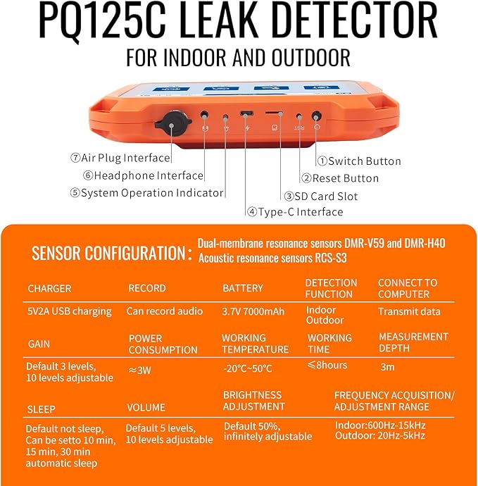PQWT Underground Water Leak Detectors for Home and Outdoor PQ125C Wall Pipe Water Leakage Detection with Touchscreen Earphone and Carrying Case Multi Sensor Acoustic Pipeline Sound Intensifier